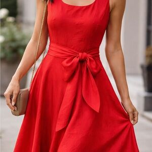 Coldwater Creek Red Silk Dress Size 12 Fit & Flare Midi Bow Waist Formal